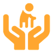 An orange icon showing a person with a cane being held or protected by two hands.
