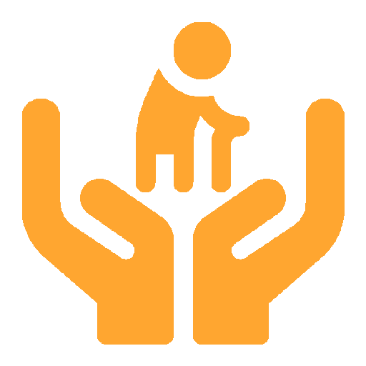 An orange icon showing a person with a cane being held or protected by two hands.