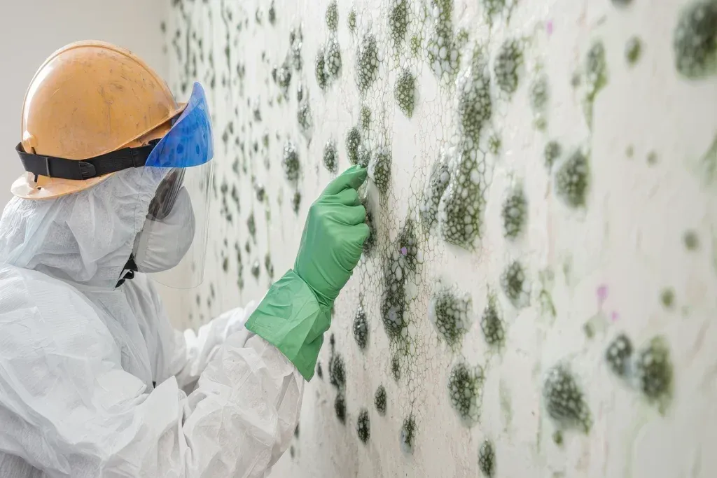 A hand wearing a light green rubber glove uses a white sponge to scrub mold off a white window frame.