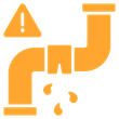 Orange icon of a leaking pipe with a yellow warning triangle containing an exclamation mark above it.