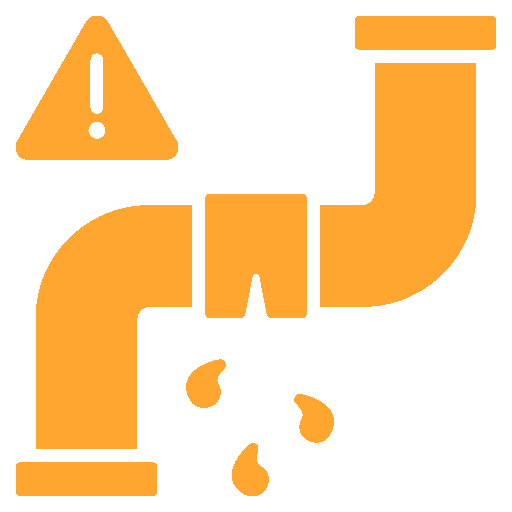 Orange icon of a leaking pipe with a yellow warning triangle containing an exclamation mark above it.