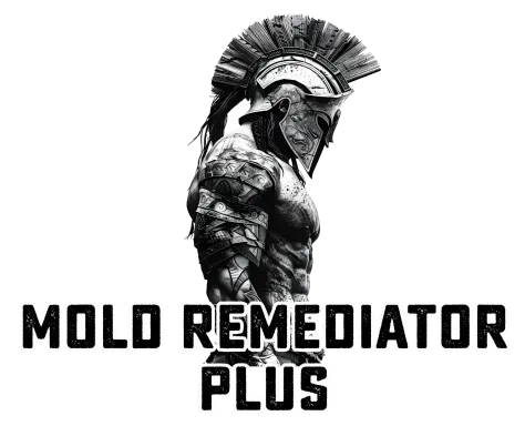 Logo for Mold Remediator Plus featuring a gritty, monochromatic image of a Spartan warrior in profile.