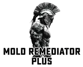 Logo for Mold Remediator Plus featuring a gritty, monochromatic image of a Spartan warrior in profile.