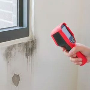 A technician uses a red thermal imaging camera to inspect dark water damage and mold on a wall beneath a window.