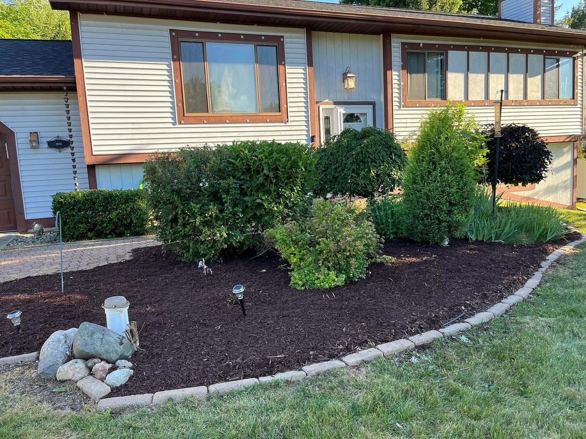 A house with a lot of plants in front of it.