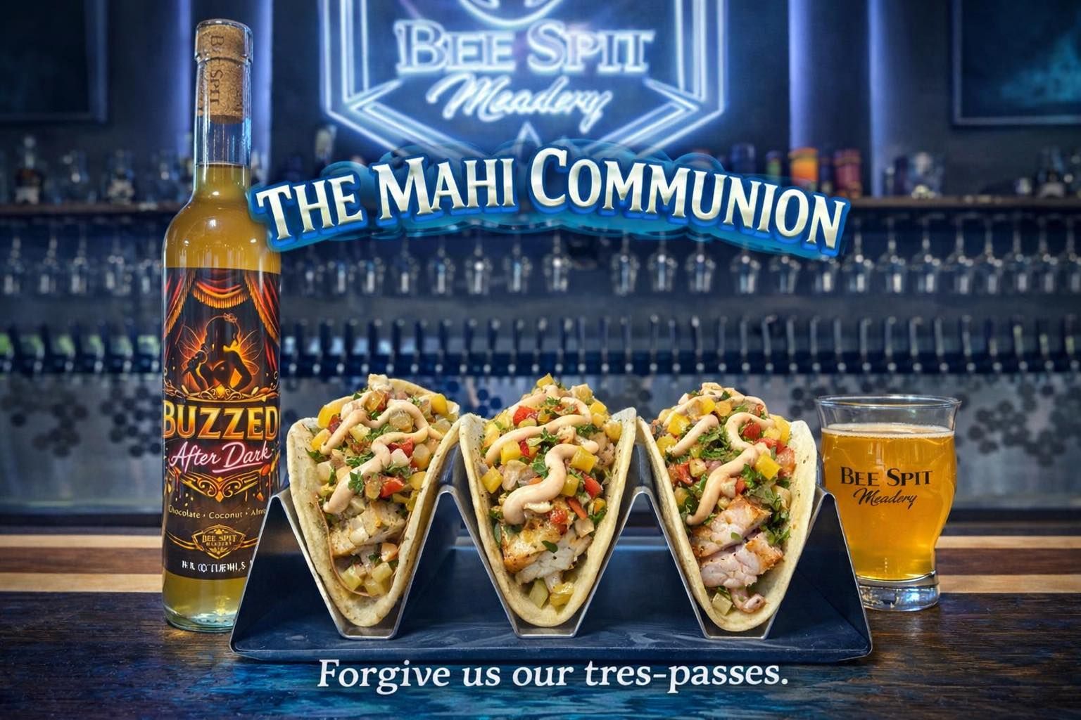 Double-patty burger with melted cheese and caramelized onions, with a beer. 