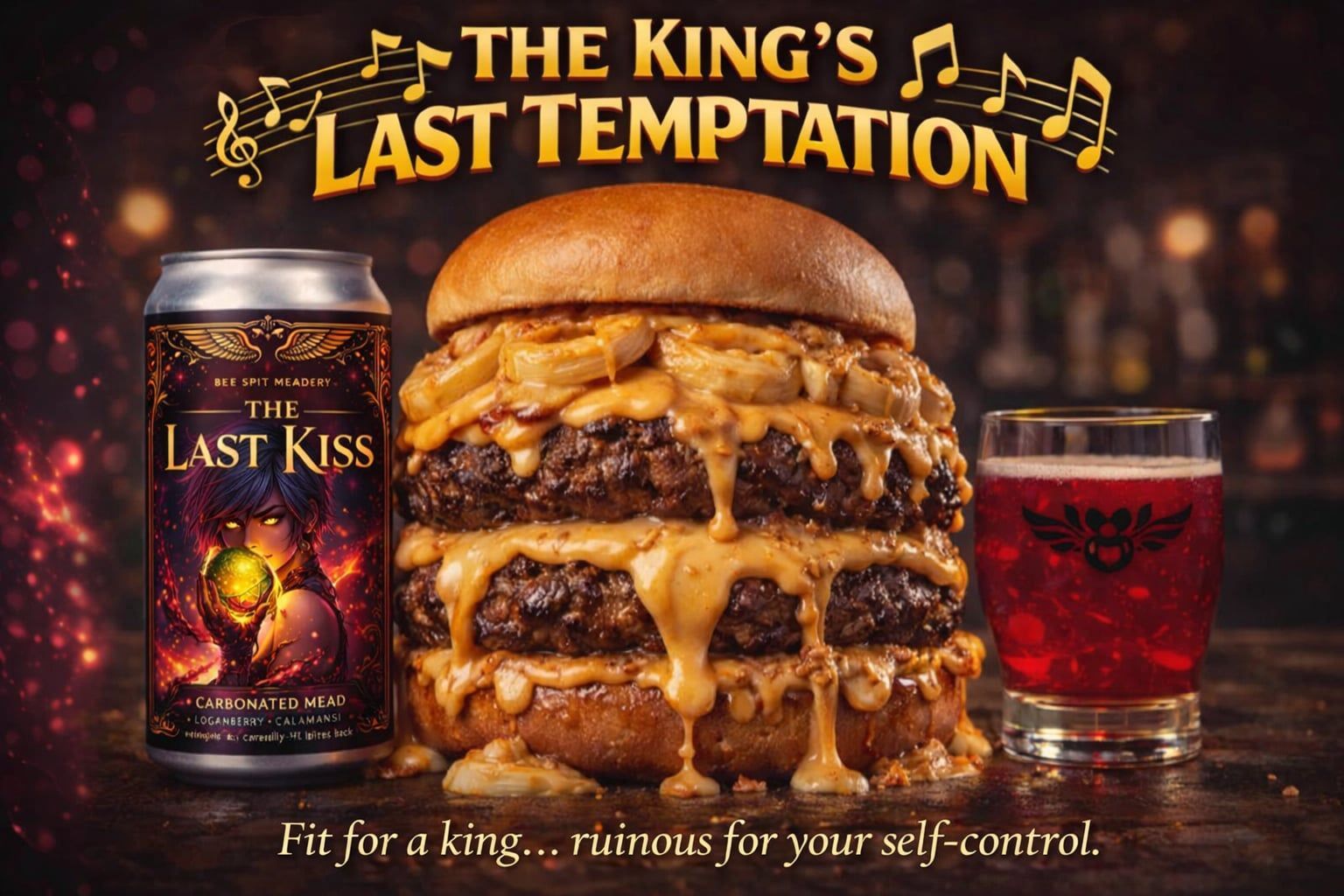 Double-patty burger with melted cheese and caramelized onions, with a beer. 