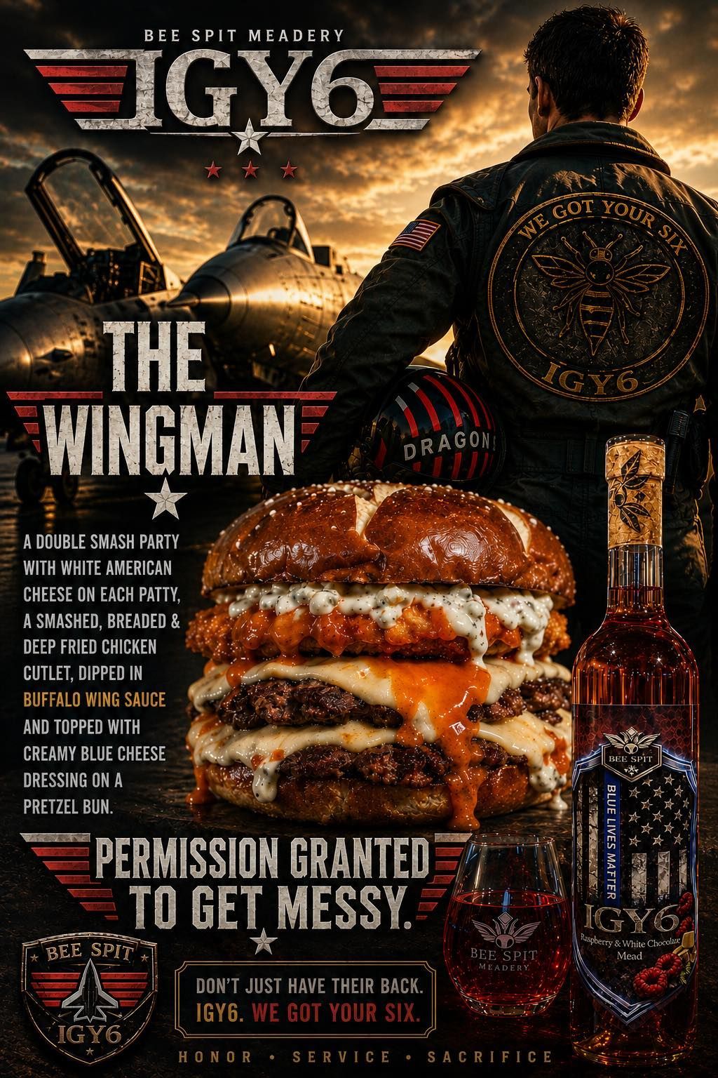 Double-patty burger with melted cheese and caramelized onions, with a beer. 