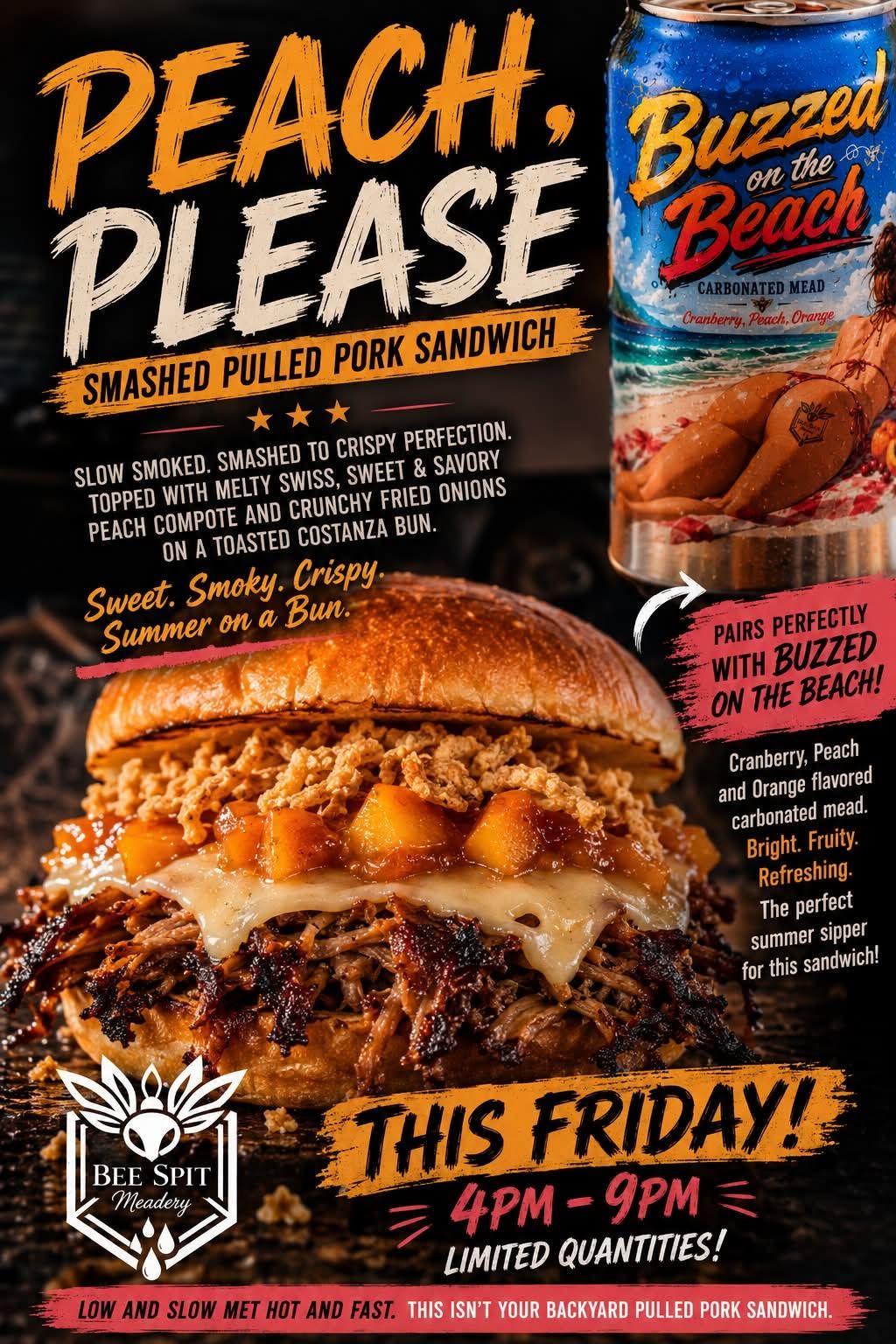 Double-patty burger with melted cheese and caramelized onions, with a beer. 
