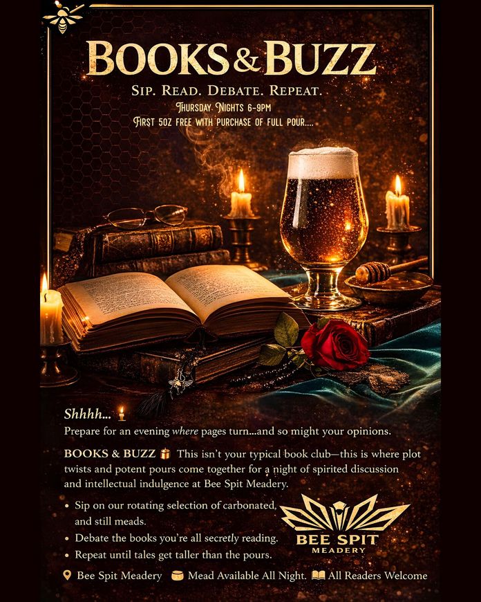 Poster for a Mead Share event at Bee Spit Meadery. Features mead bottles, glasses, and honeycombs. March 13th, 6-9pm.