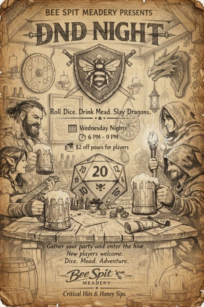 Poster for a Mead Share event at Bee Spit Meadery. Features mead bottles, glasses, and honeycombs. March 13th, 6-9pm.