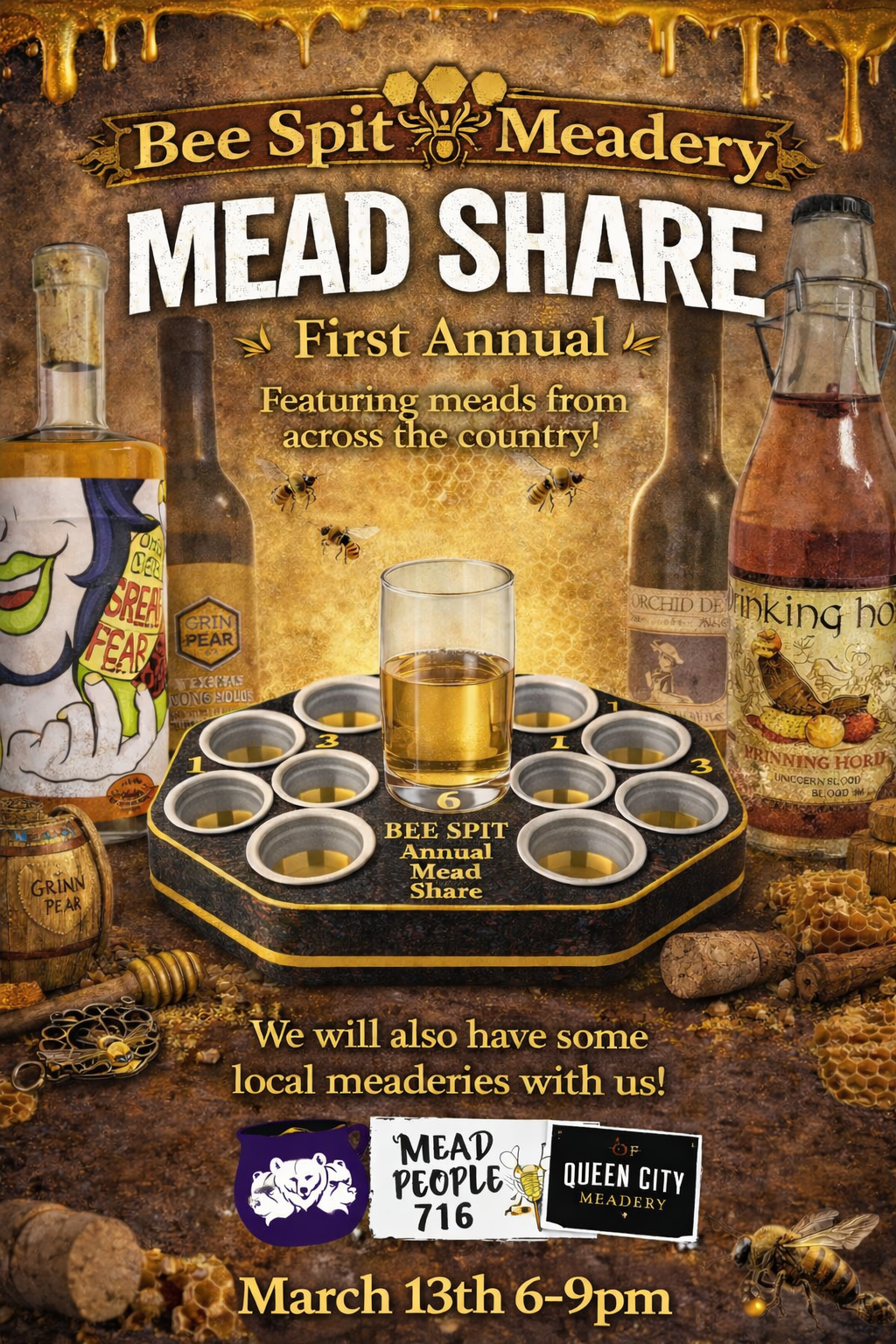 Poster for a Mead Share event at Bee Spit Meadery. Features mead bottles, glasses, and honeycombs. March 13th, 6-9pm.