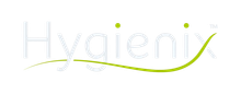 The Hygienix logo, with white text and a green smile graphic below, also including two green dots on the right.