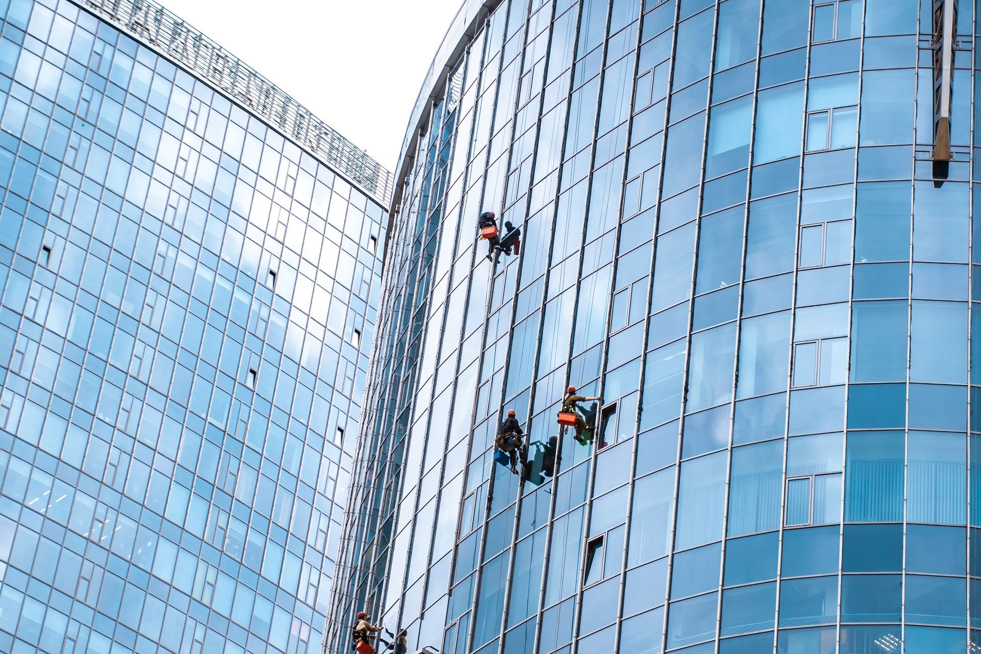 A group of people are cleaning the windows of a tall building.