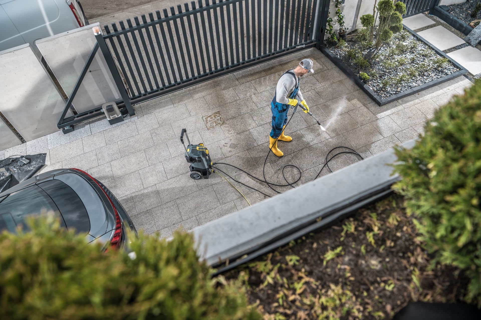 A man is using a high pressure washer to clean a driveway.