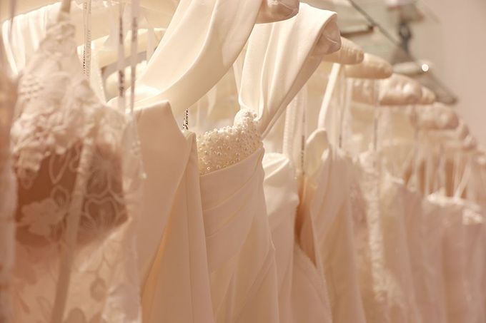 A row of wedding dresses