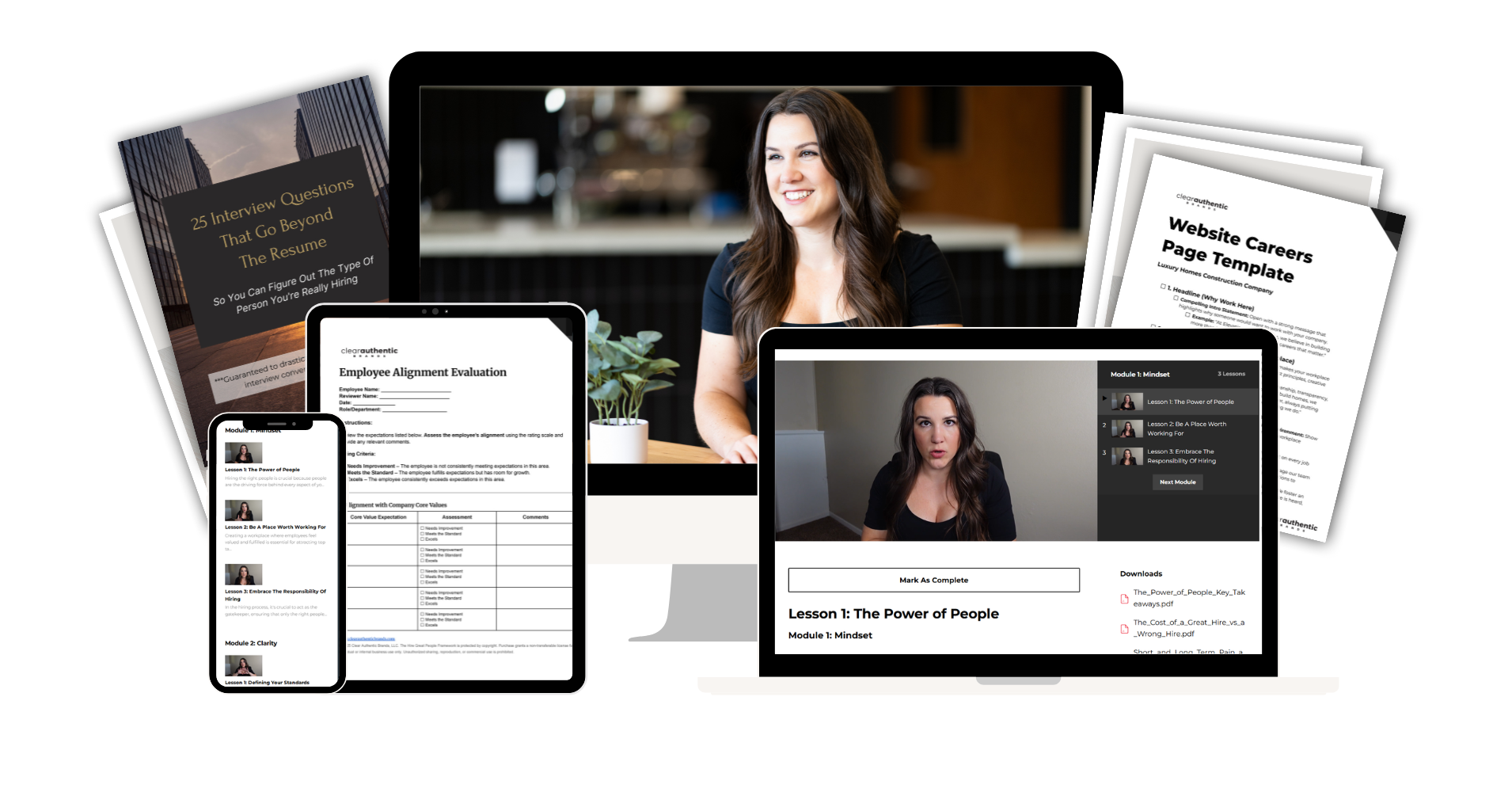 The Hire Great People Framework Mockup with course videos, document examples, course modules, etc.