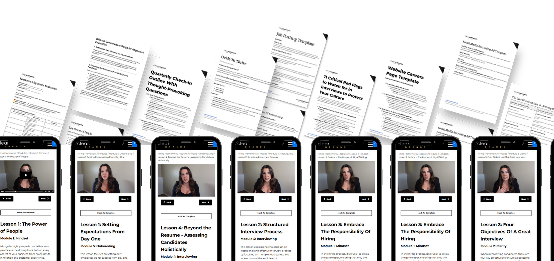 The hire great people mockup- a row of cell phones with a video and course descriptions on them