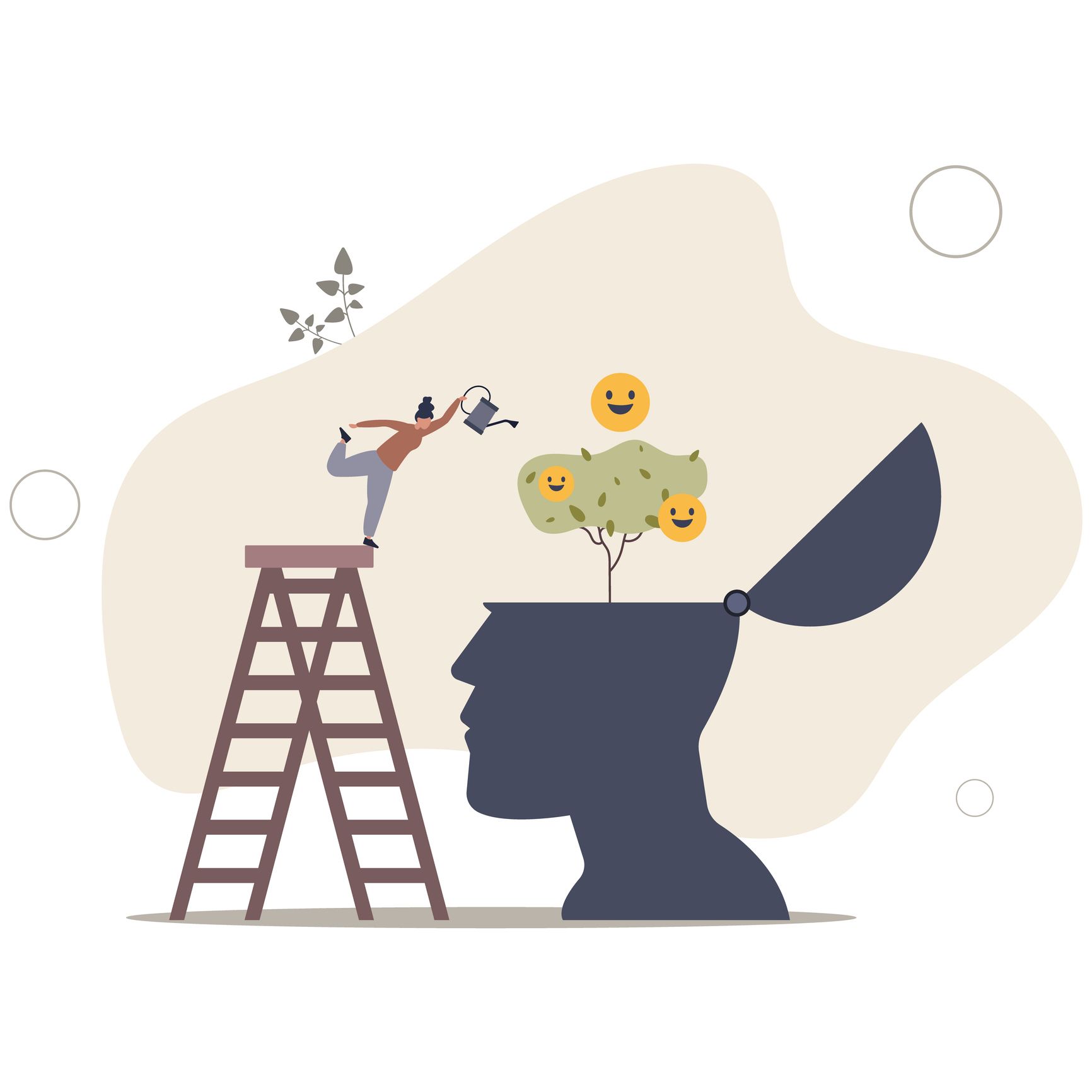 A man is standing on a ladder next to a head with a tree growing out of it.