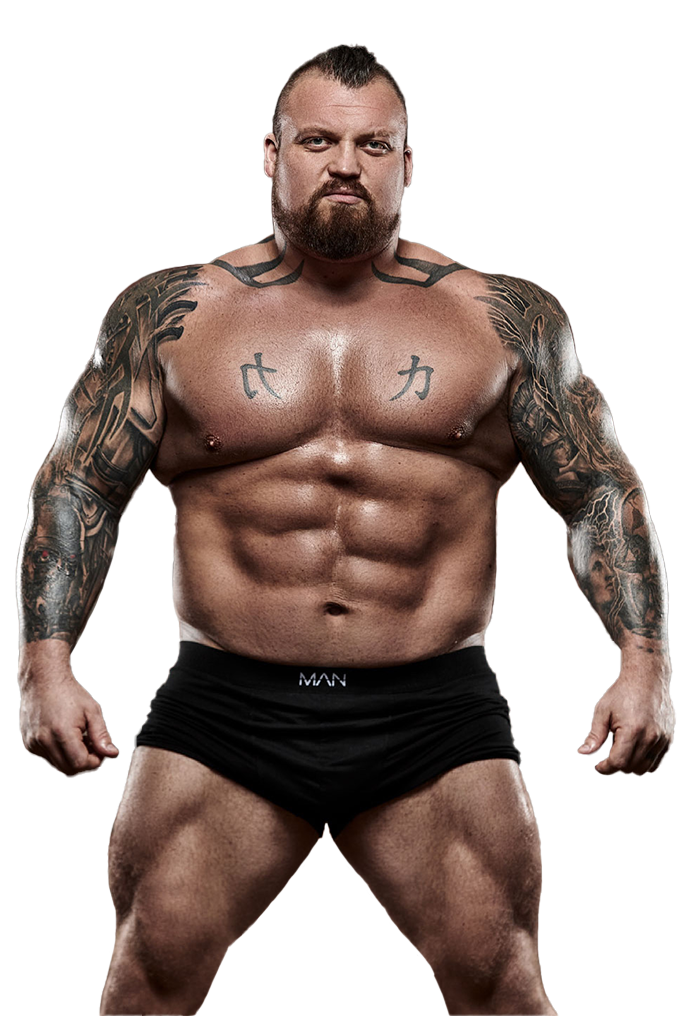 A muscular man with tattoos on his chest and arms is standing in front of a white background.