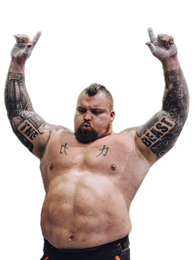 A man with tattoos on his arms is standing with his arms in the air.