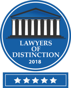 A blue badge that says lawyers of distinction 2018