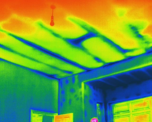A thermal image of a room with a green ceiling