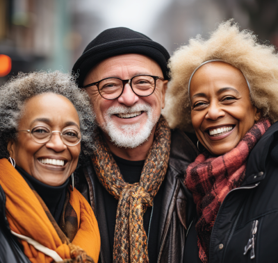 Three smiling people, outdoors. Man with glasses, scarf, hat, flanked by two women with scarves, one orange, one plaid.
