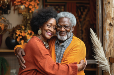 Couple embracing, smiling. Woman in orange shirt, man in yellow sweater. Interior, floral background.