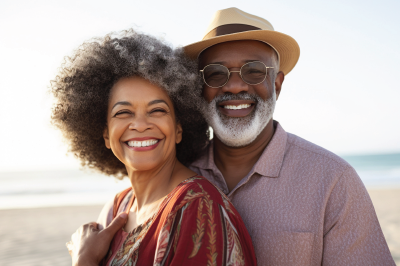 A man and a woman wearing sunglasses are hugging on the beach.