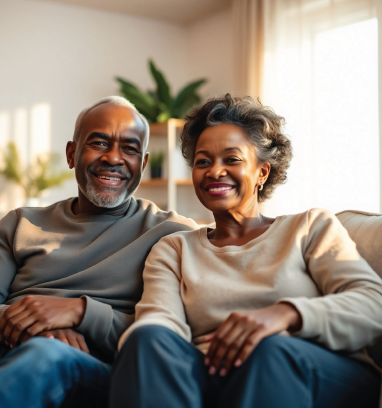 Smiling couple sitting on a couch in a living room, bathed in natural light.