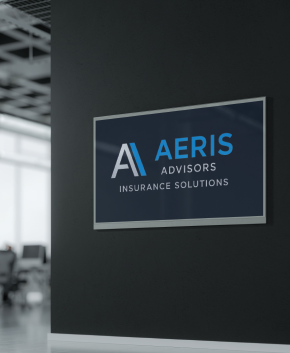 AERIS Advisors sign on a black wall in an office setting; logo features a blue and white 