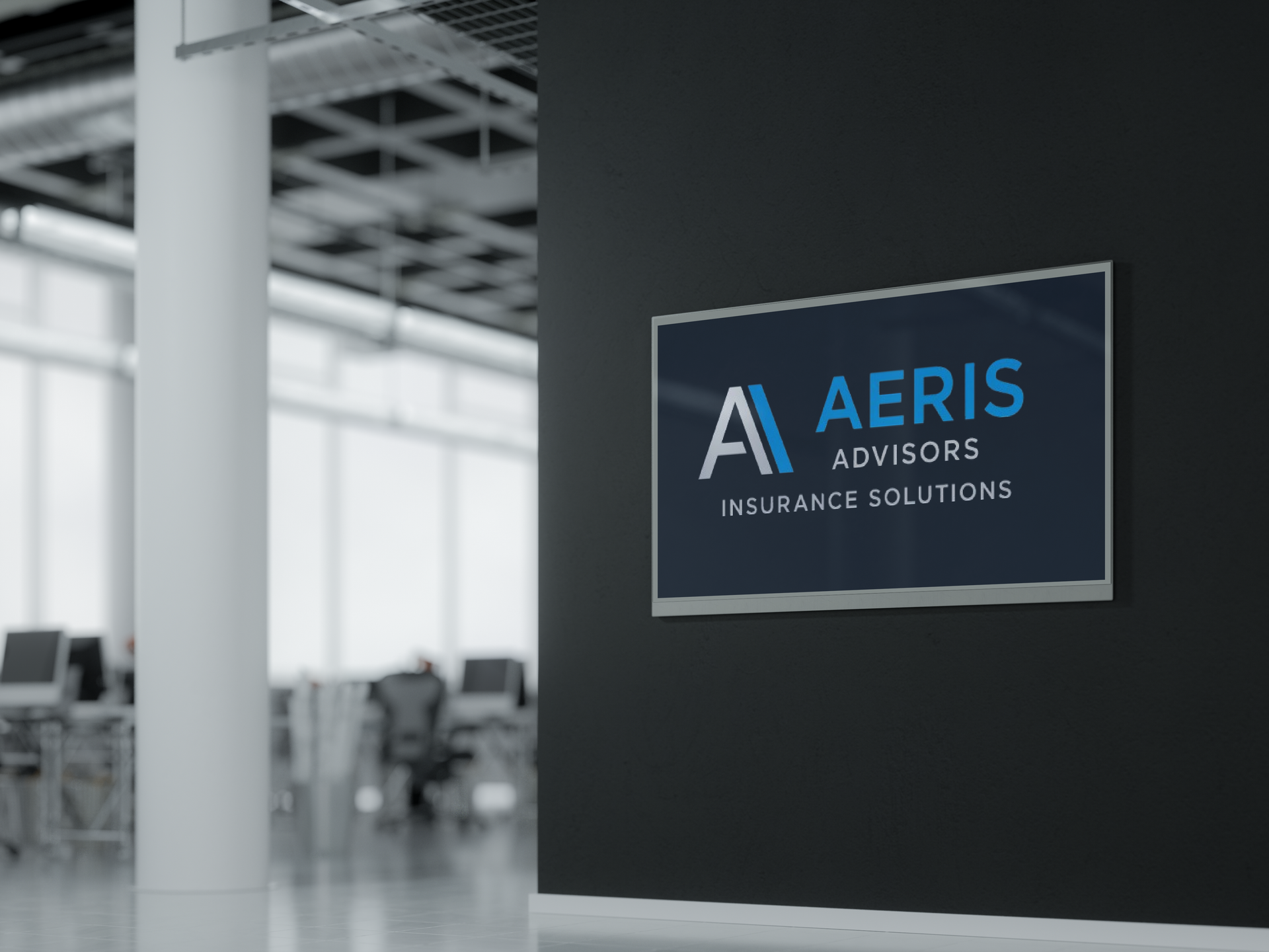 Logo for AERIS Advisors on a dark wall in an office setting.