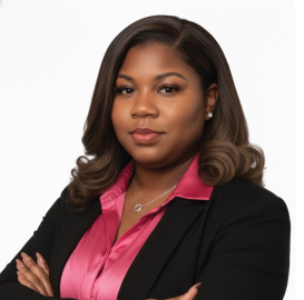 A man in a suit shakes hands with another man in a blue shirt
