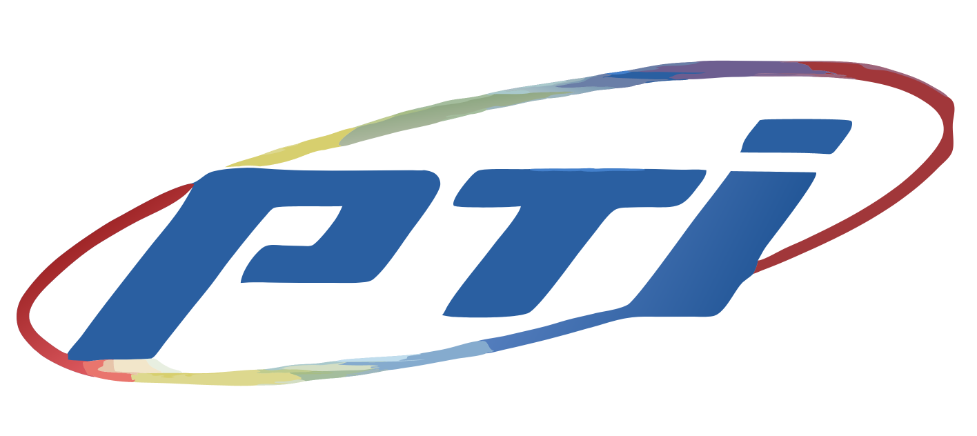 The pti logo is blue and has a rainbow colored circle around it.