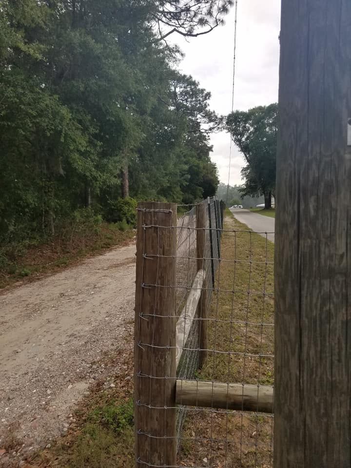 Dirt road next to wooden fence, leading to a paved road with trees on either side.