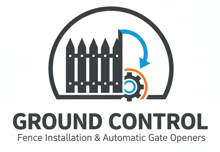 Logo: Black picket fence, gear, and blue arrow in a circle, text 