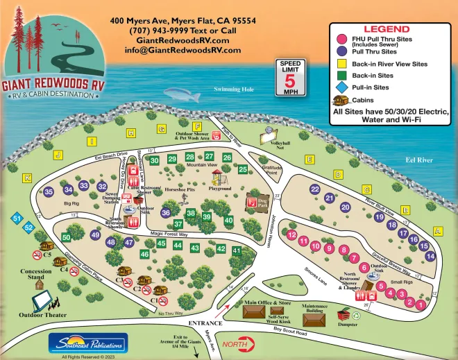 Map of Giant Redwoods RV resort showing campground layout, numbered sites, and amenities with a color-coded legend.