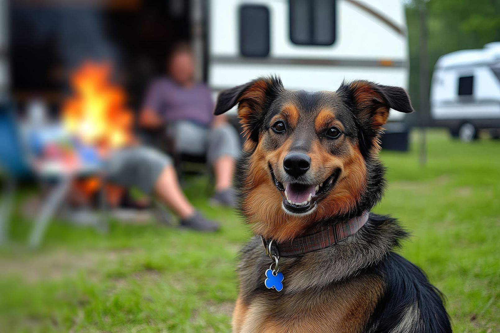 A happy, smiling dog with black and brown fur sits in the foreground with a campfire and a camper in the background.