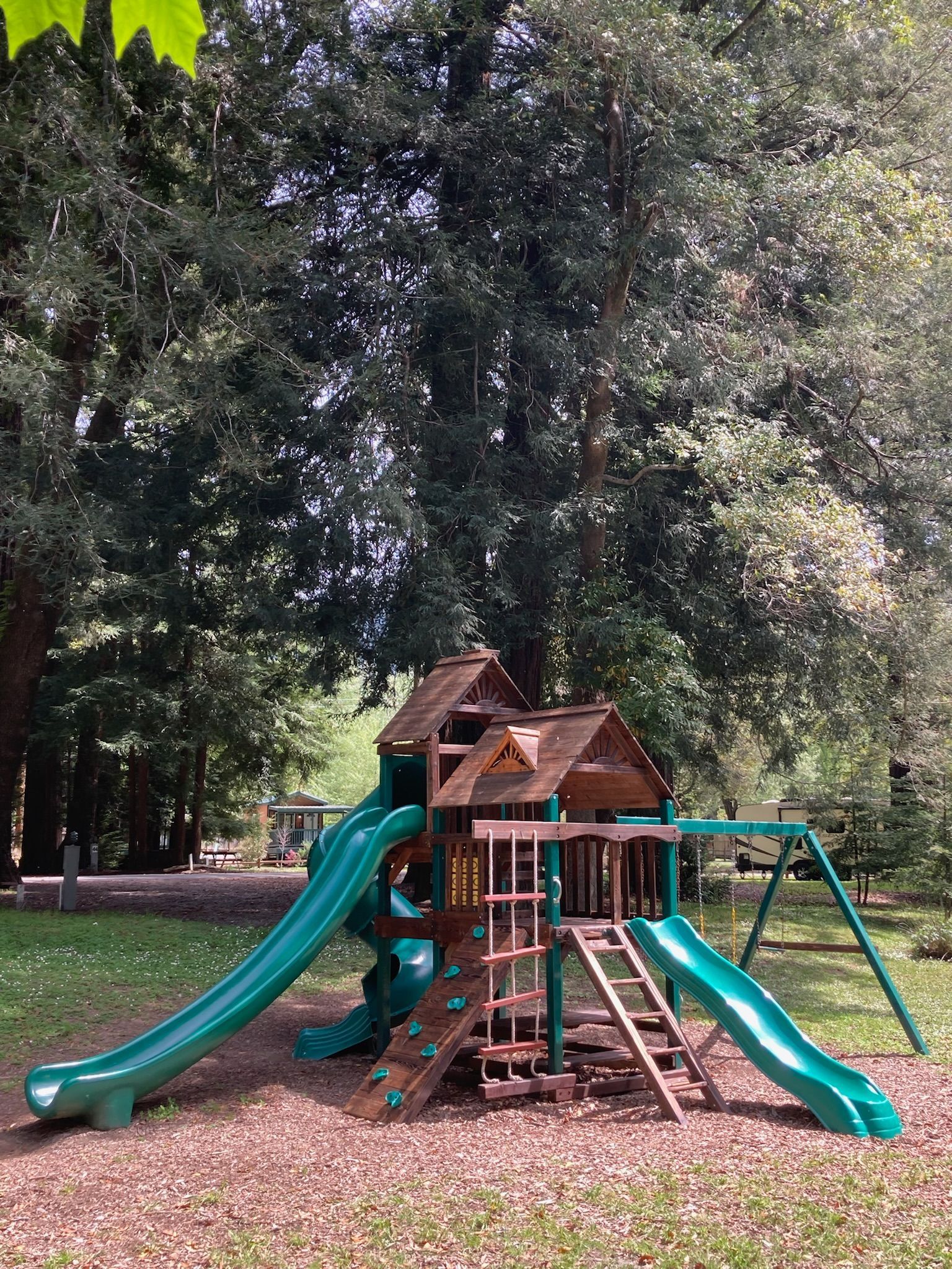 A wooden playground structure with two green slides and a climbing wall, set in a wooded area with trees in the background.