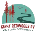 Logo featuring three redwoods, a winding river, and birds against a teal semicircle, with the text "GIANT REDWOODS RV".