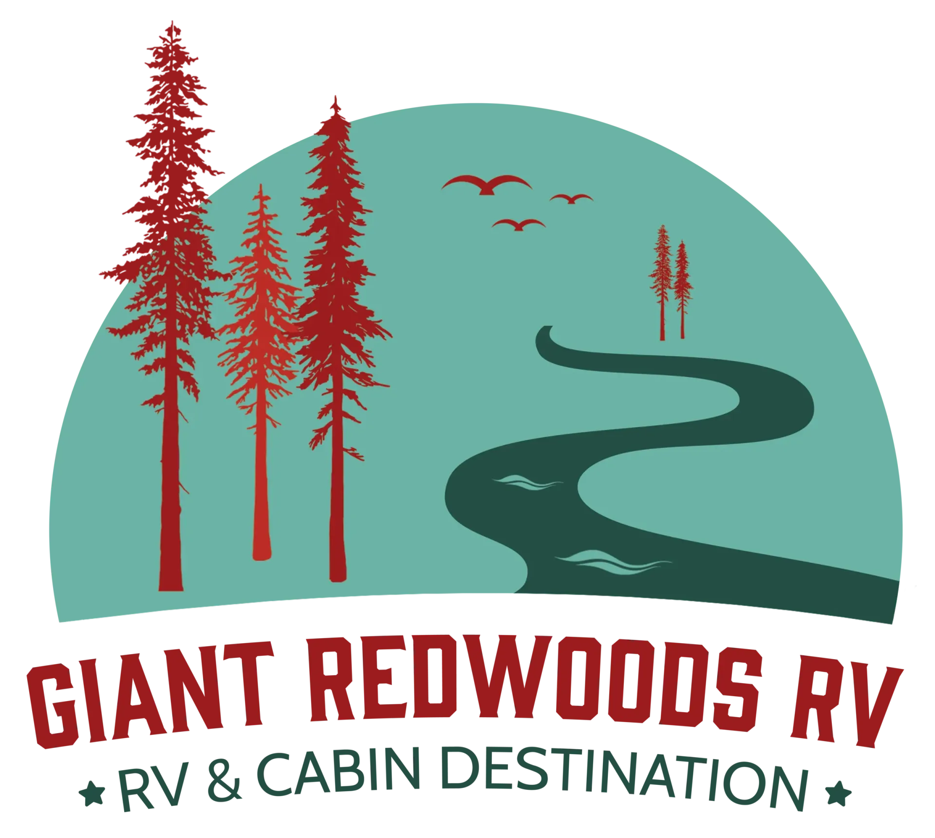Logo featuring three redwoods, a winding river, and birds against a teal semicircle, with the text "GIANT REDWOODS RV".