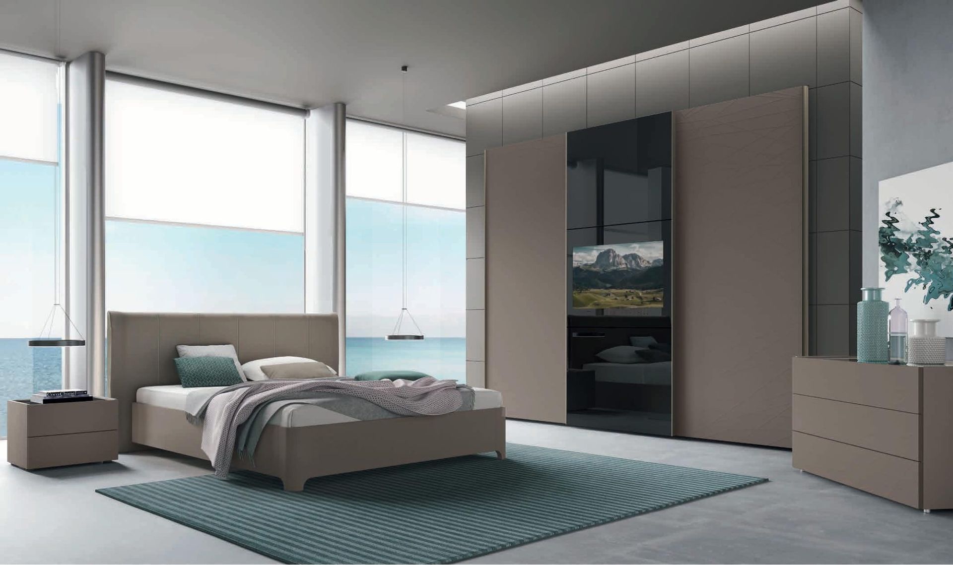 Una camera da letto con un letto grande e porte scorrevoli in vetro