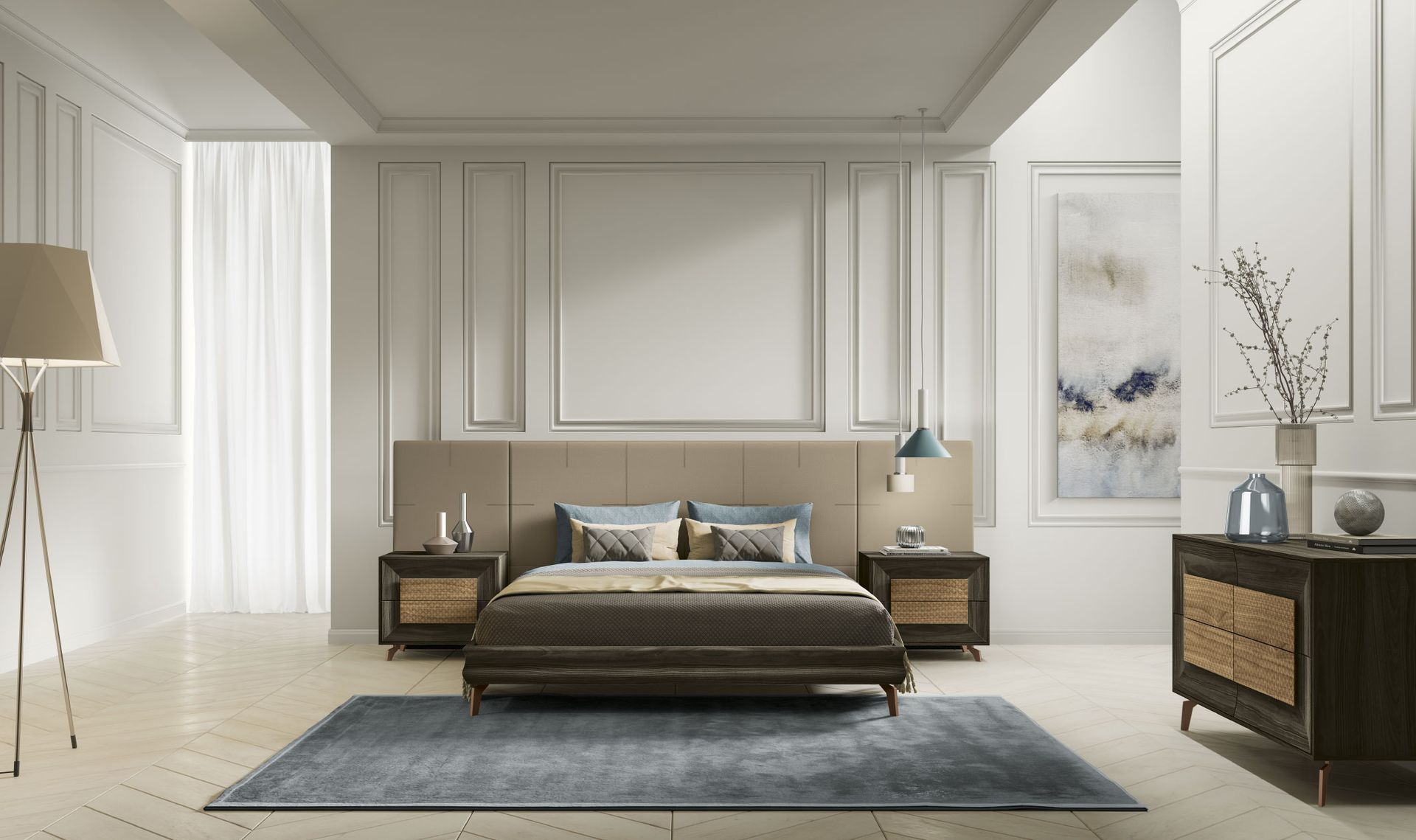 Una camera da letto con un letto grande e due comodini