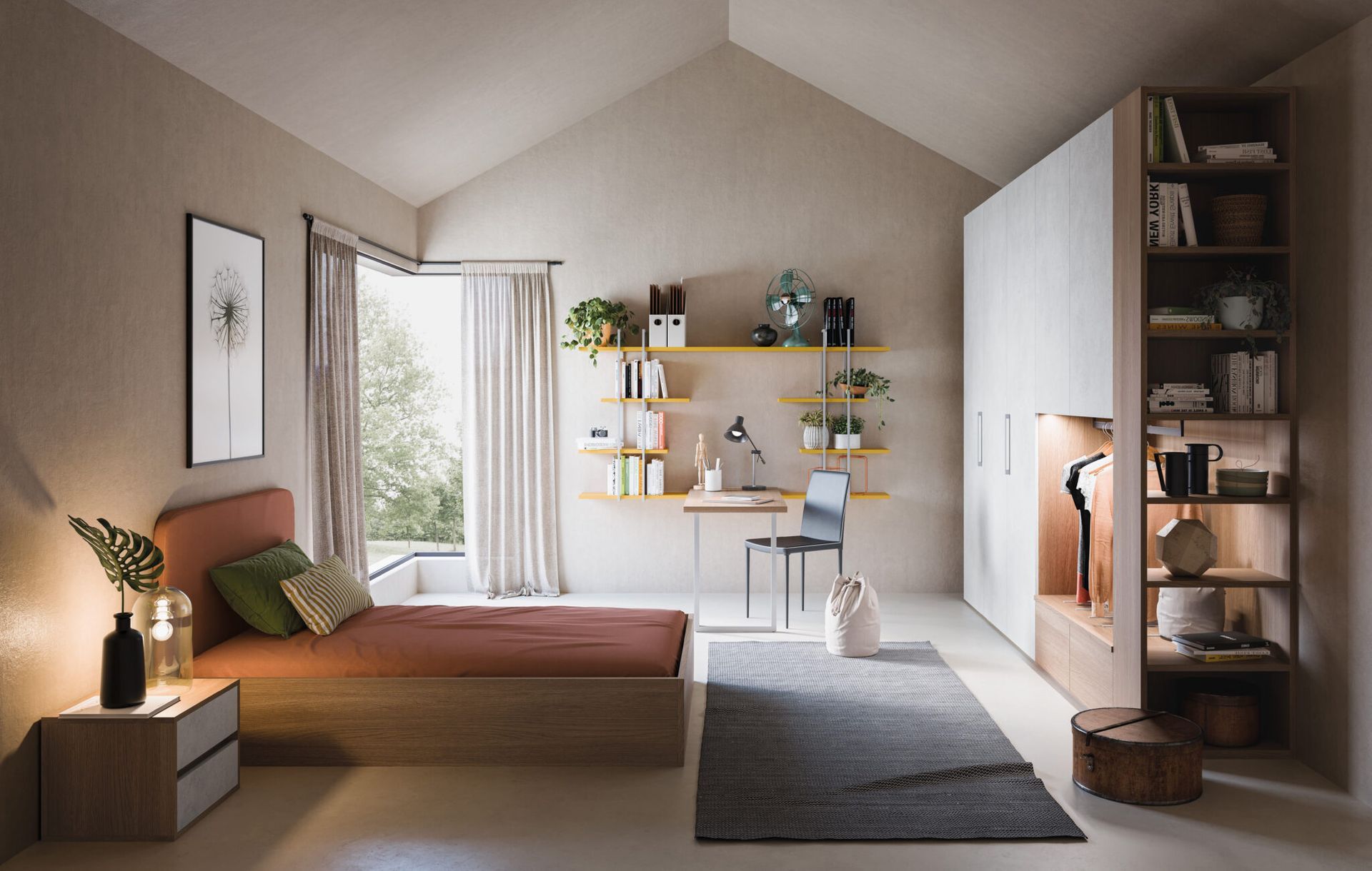 Una camera da letto con un letto, una scrivania e degli scaffali