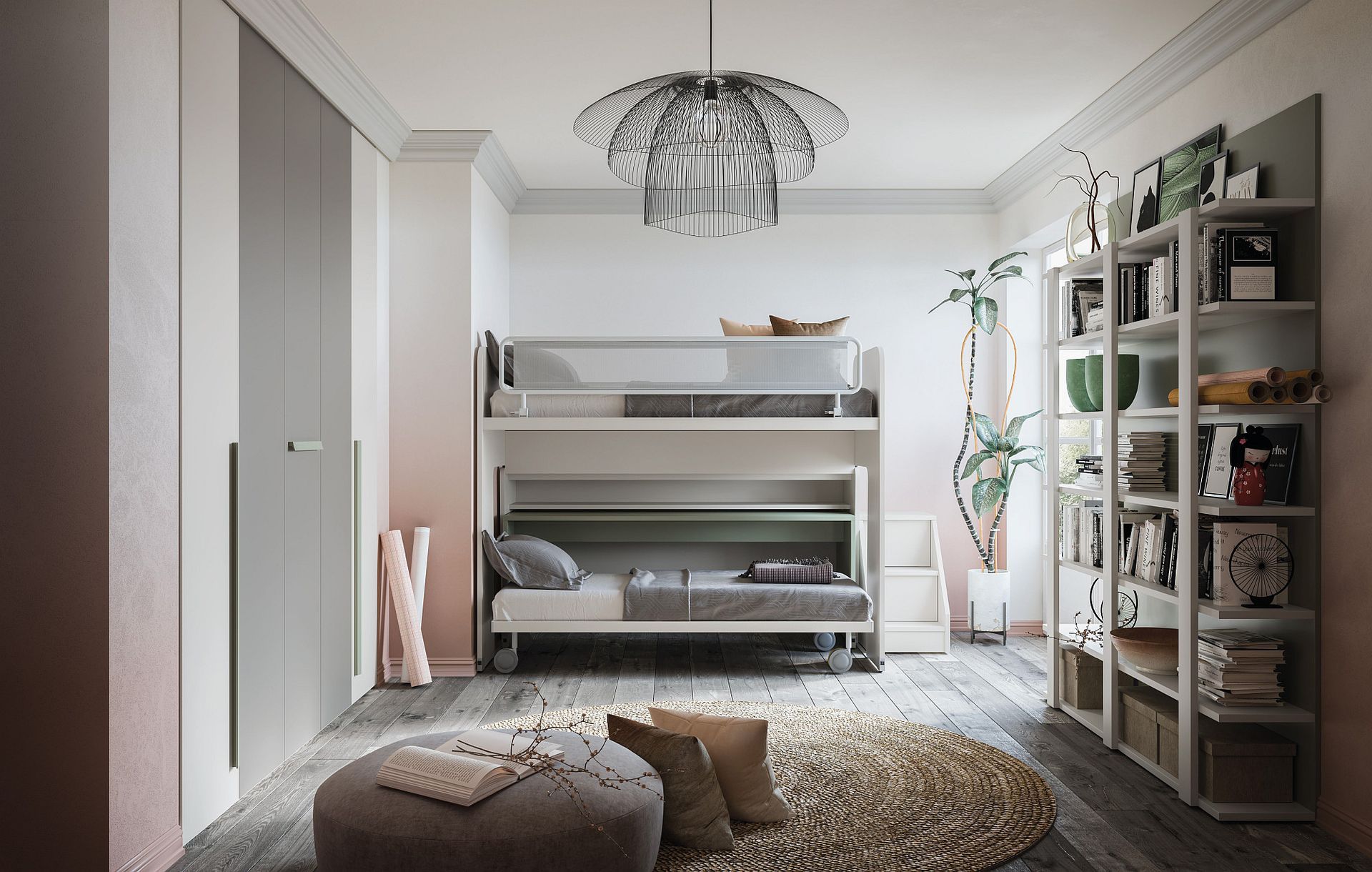 Una camera con un letto a castello e un lampadario