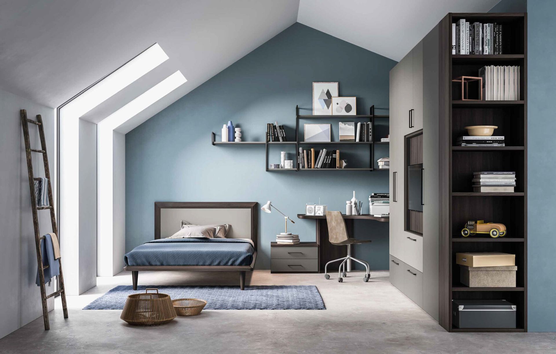 Una camera da letto con un letto, una scrivania e degli scaffali