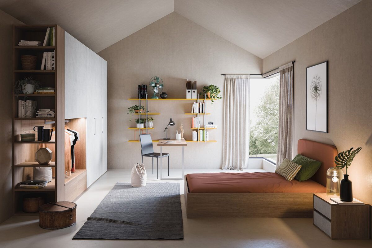 Una camera da letto con un letto, una scrivania e degli scaffali