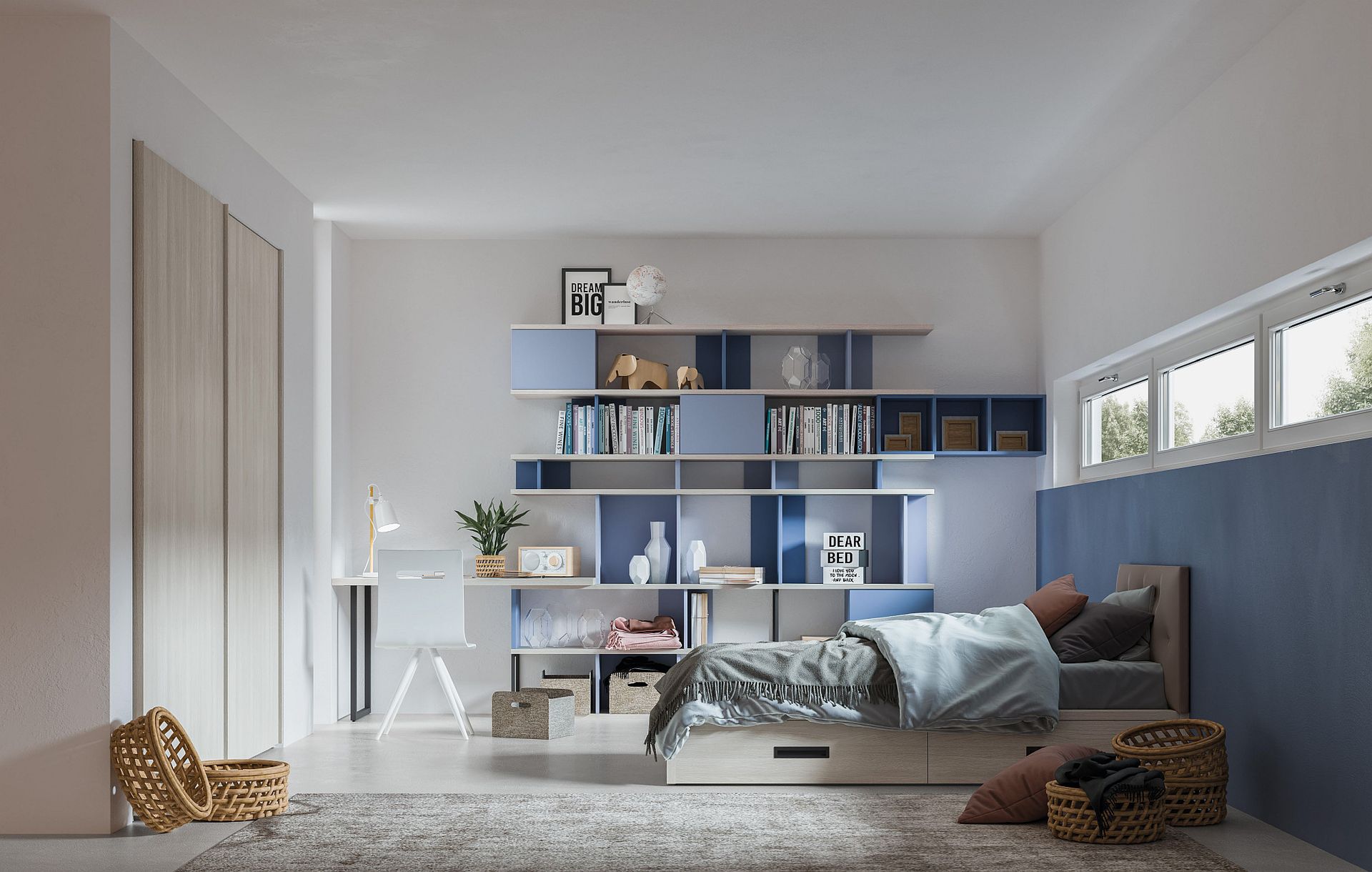 Una camera da letto con un letto, una scrivania, scaffali e finestre