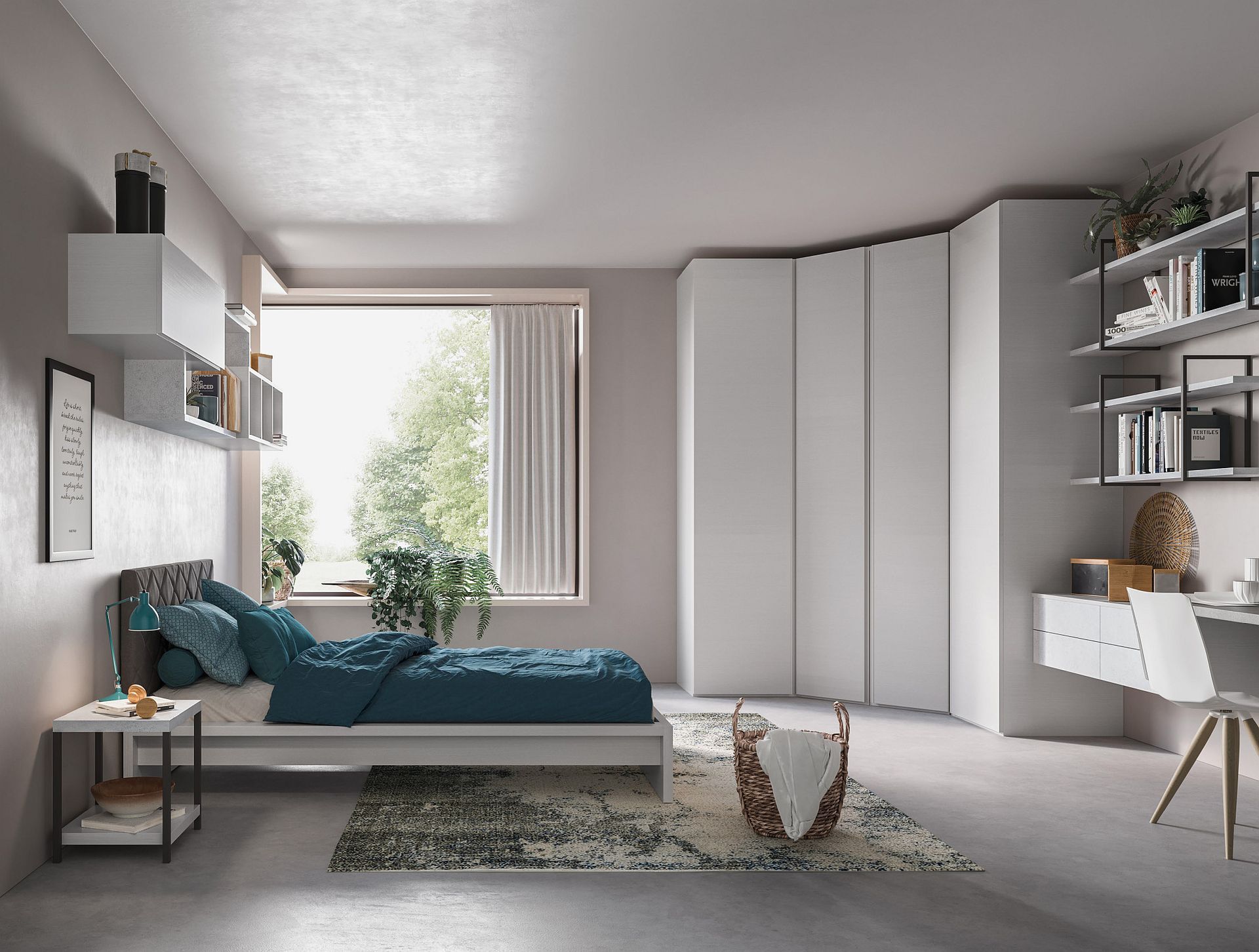 Una camera da letto con un letto e una scrivania con la parola polizia sul muro